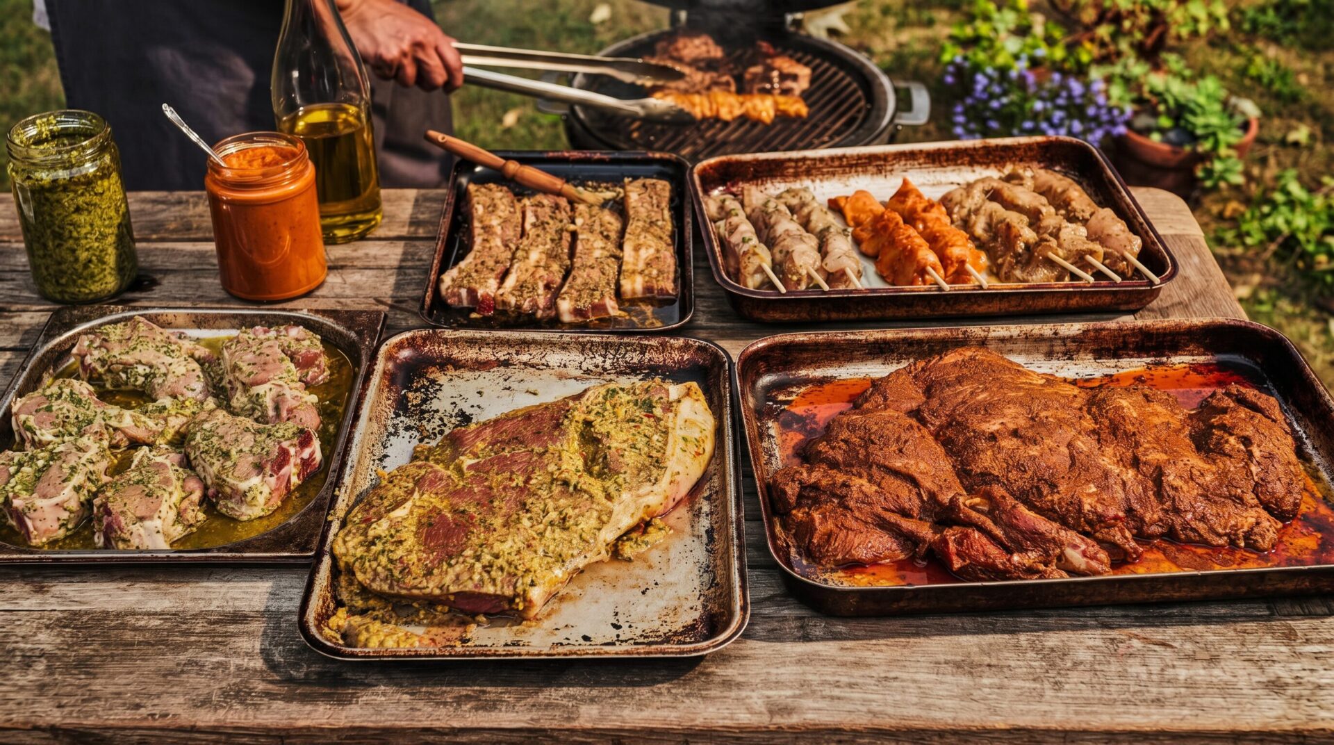Summer barbecue scene with Gigner Pig marinated meats on the table and a person grilling on their Big Green Egg